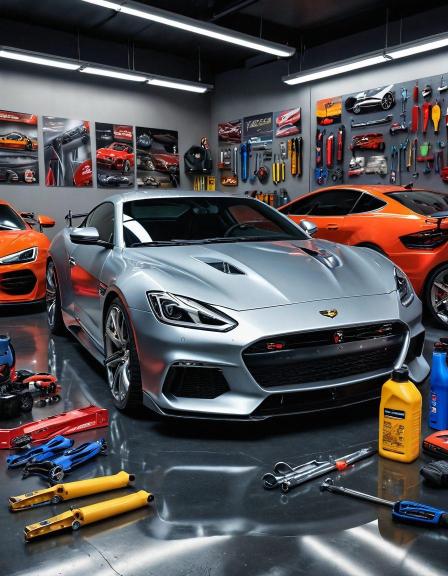 A modern garage scene featuring a shiny sports car being expertly polished, surrounded by various car care tools and products, with a backdrop of car posters and memorabilia. The focus should be on the detailed reflections on the car's surface and vibrant colors of the tools. Include a light source that creates a dynamic contrast and highlights the car's sleek design. super-realistic. vibrant colors. 3D.