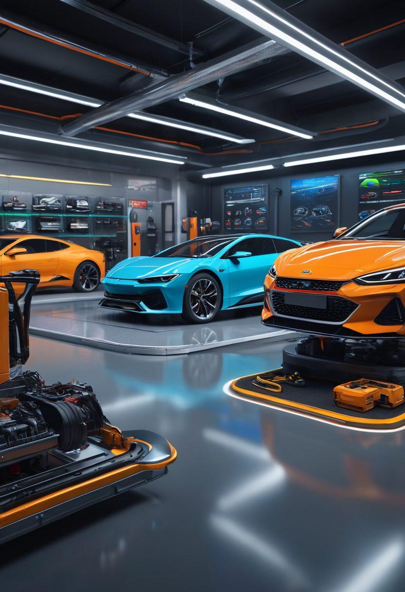 An innovative auto repair shop showcasing futuristic tools and equipment, surrounded by sleek, modern vehicles. Mechanics utilizing advanced technology to maintain cars, with dashboard displays showing real-time analytics. Bright, dynamic colors emphasize a sense of urgency and forward-thinking. Include elements like eco-friendly materials to highlight sustainability in automotive care. super-realistic. vibrant colors. 3D.