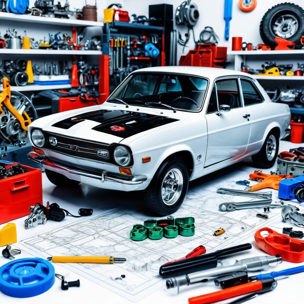 A dynamic scene showcasing a mechanic working on a car, surrounded by vibrant automotive tools and parts, with a backdrop featuring various vehicle trends like electric cars and vintage classics. Include a road map in the foreground, symbolizing a journey through automotive knowledge. The color palette should be bold and captivating, drawing the viewer's attention to the theme of innovation and repair. super-realistic. vibrant colors. white background.